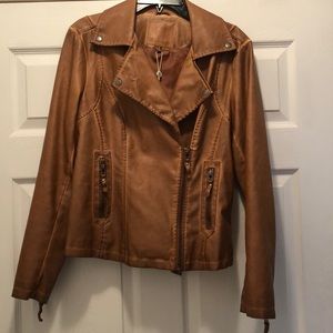 Cognac, faux leather moto jacket